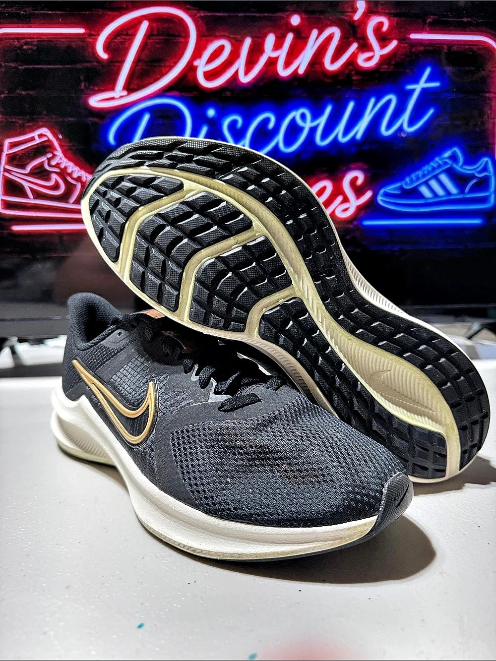 Nike Downshifter 11 Black Metallic Gold & White Athletic Shoes